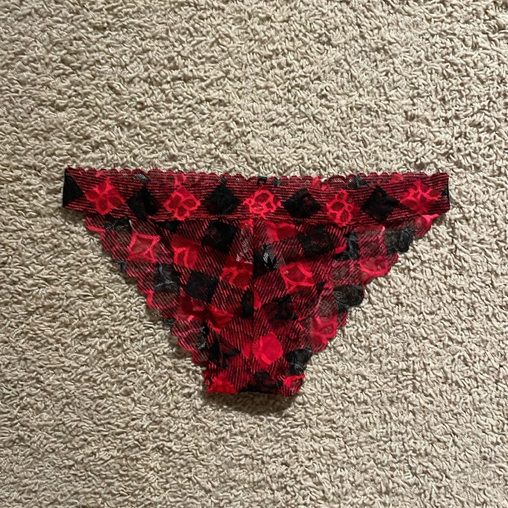 NEW PINK Victoria’s Secret Red & Black Plaid Low Rise Lace Trim Bikini Panty